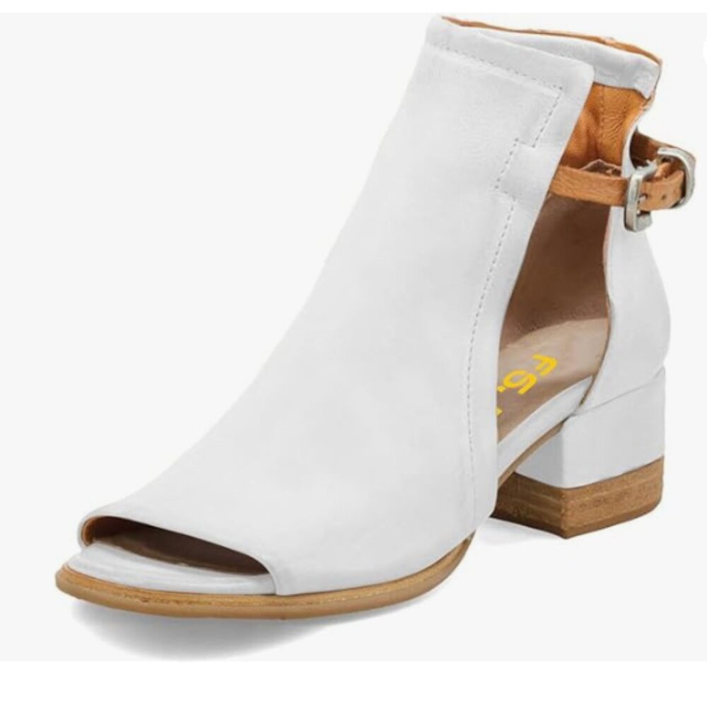 FSJ White Peep Open Toe Cut Out Buckle Ankle Boot Stacked Block Low Heel Sandal